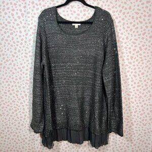 Jaclyn Smith 3X Plus Size Gray Tunic Sequined Sweater Fringe Boho Metallic NWOT